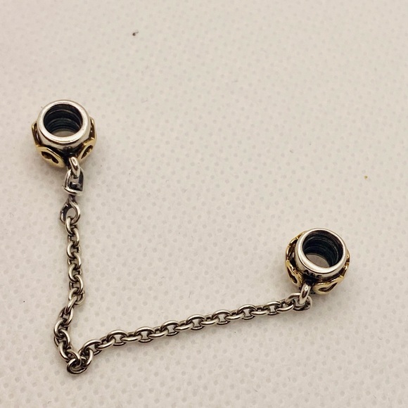 EUC Pandora 790307-05 Sterling Silver w/ 14k Gold Two Tone Heart Safety Chain - Picture 7 of 11